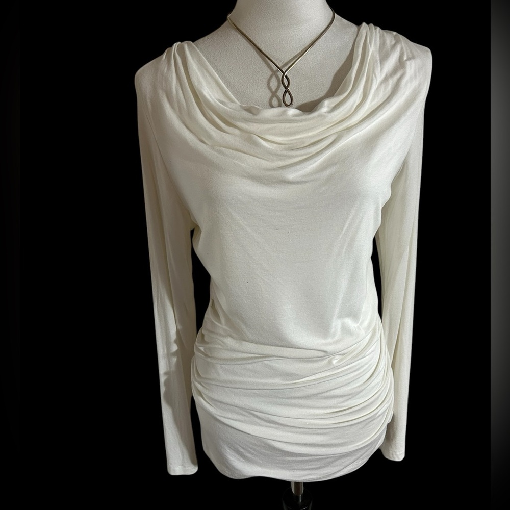 Elegant Adrianna Papell White Draped Long Sleeve Top